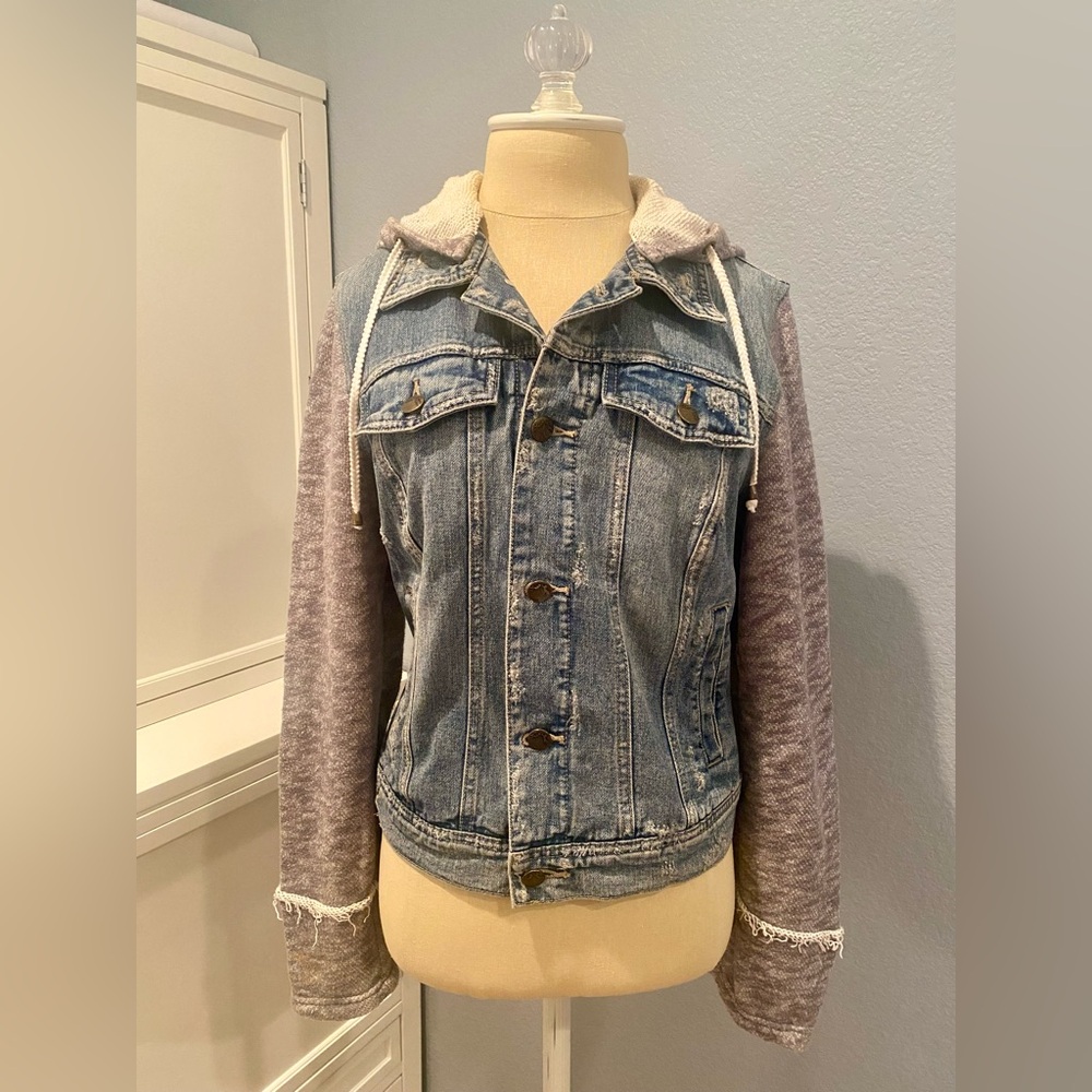 Free People Distressed Denim Jacket French Terry Sleeves and Hood